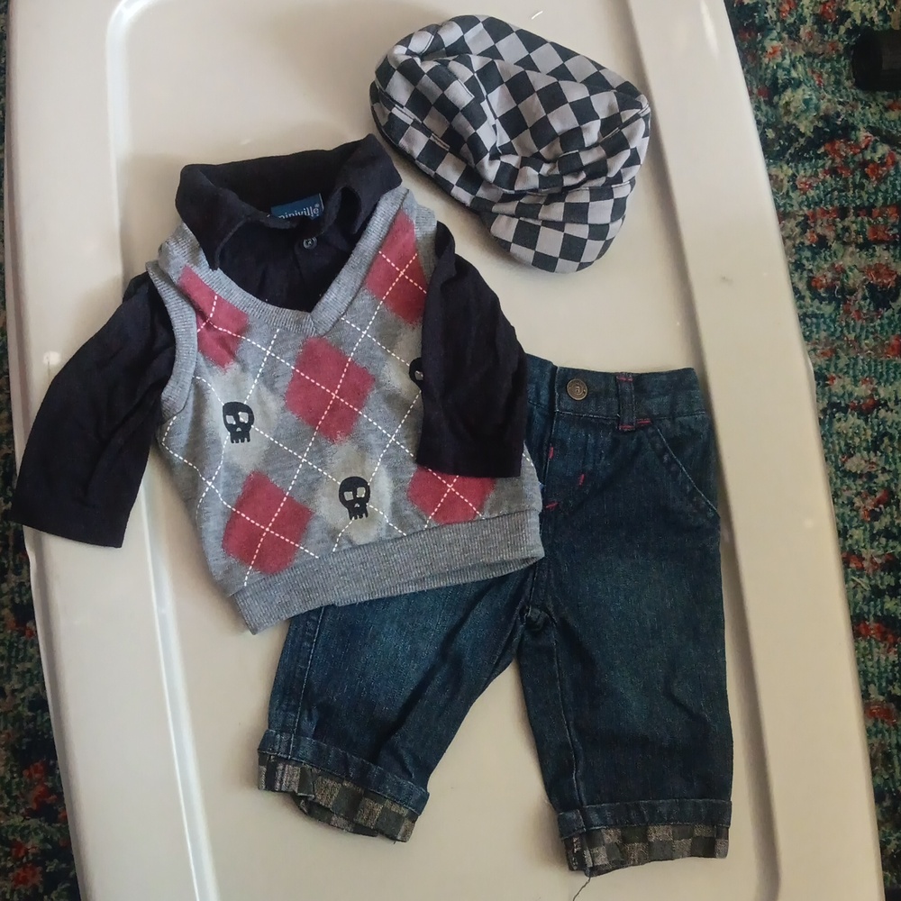 Miniville 3-piece fall outfit argyle skull print vest